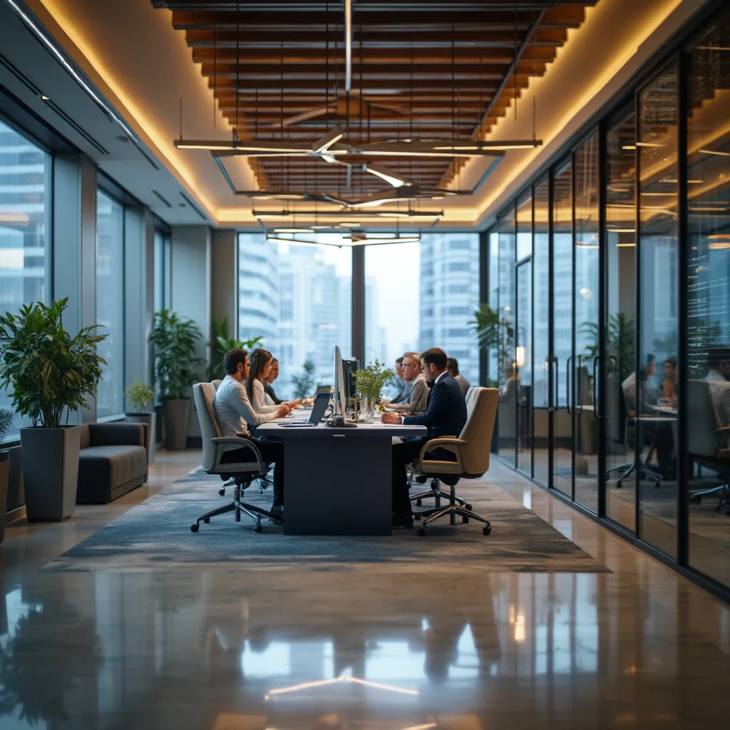 Oficina moderna de FinConsult con consultores trabajando
