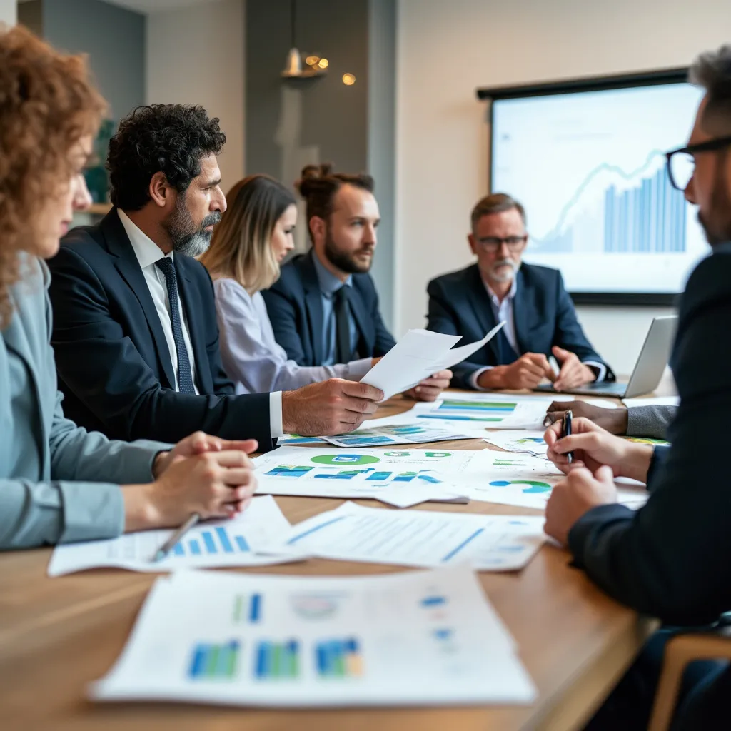 Equipo de consultores financieros en reunión estratégica